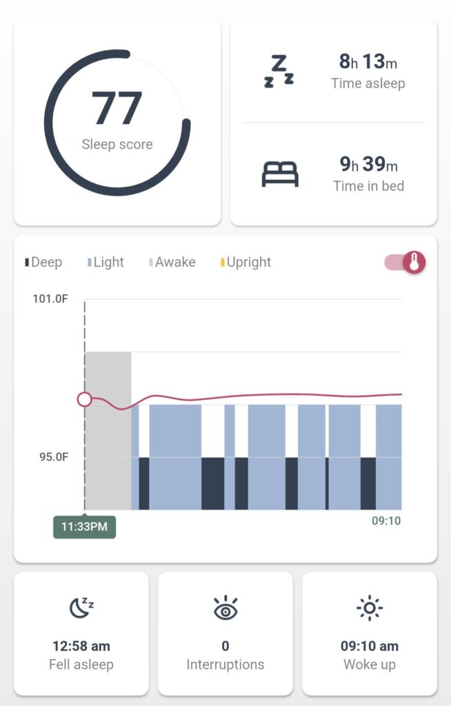 Tempdrop app sleep data screen